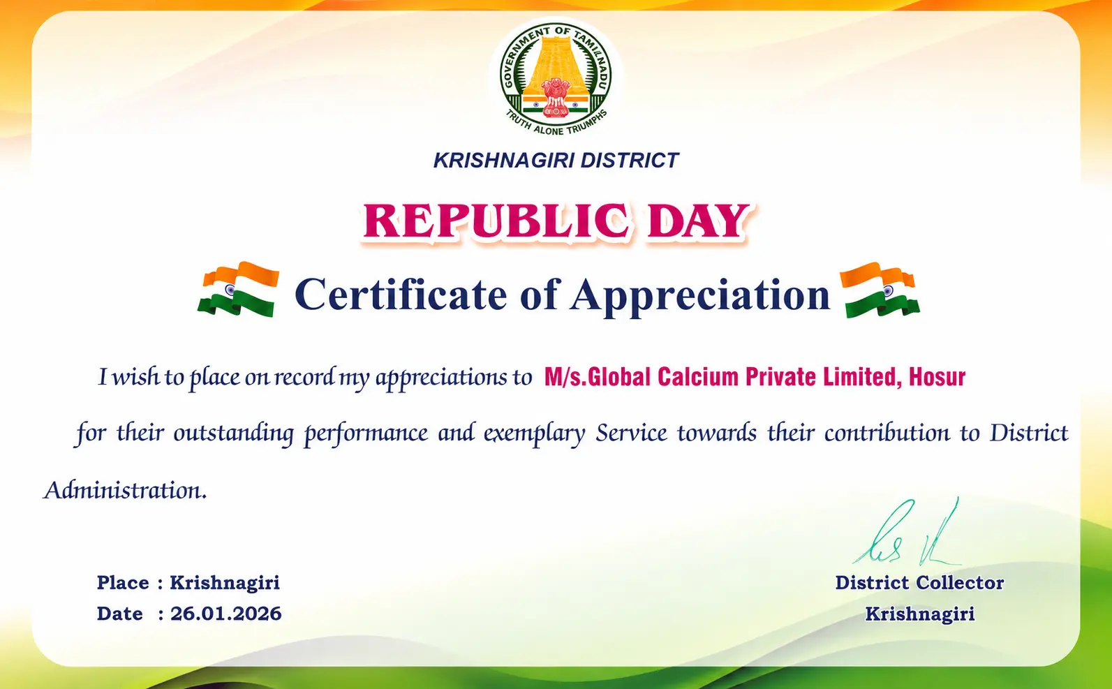 Global Calcium Honored with Republic Day Certificate of Appreciation